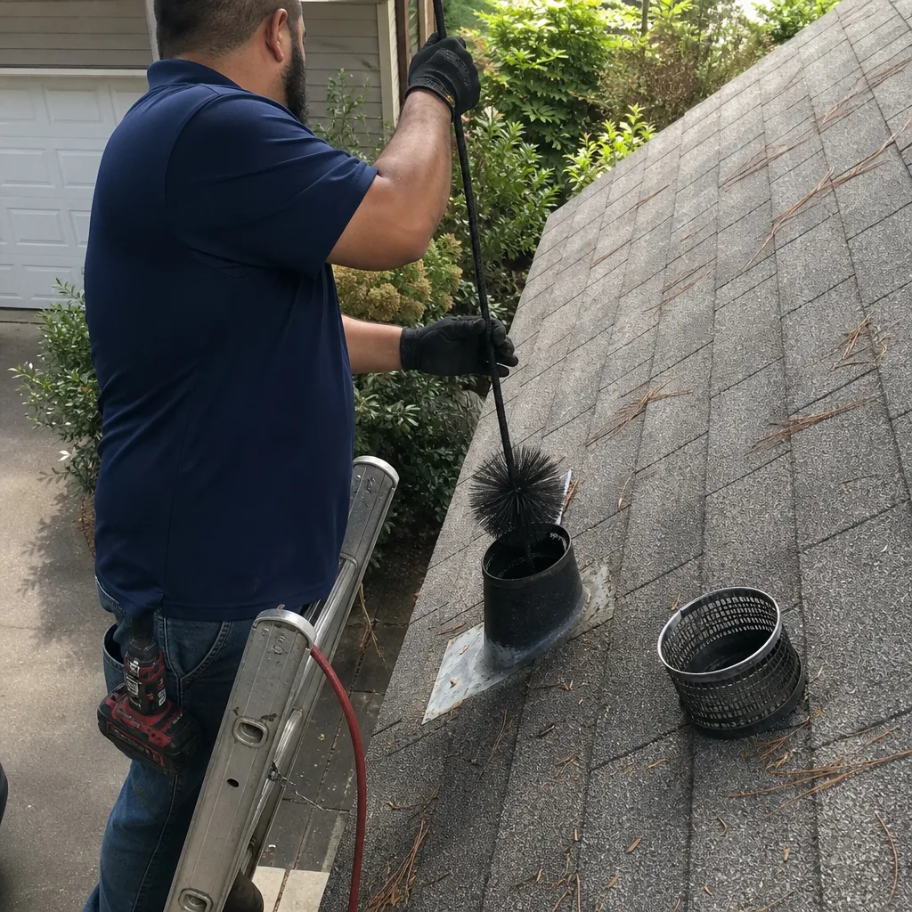 Professional technician performing dryer vent cleaning on a residential rooftop