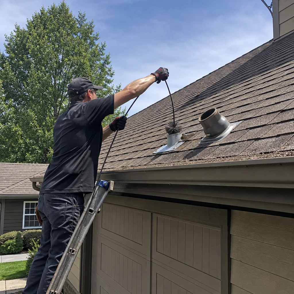 Technician using a wire brush tool for professional dryer vent cleaning.